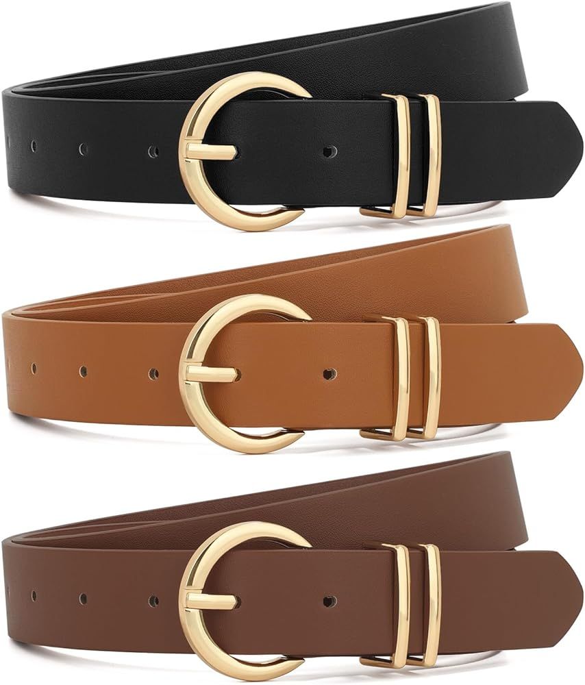 XZQTIVE 3 Pack Women Belts For Jeans Dresses Pants Ladies Leather Waist Belt with Gold Buckle | Amazon (US)