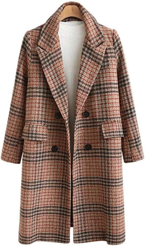 Chartou Women's Winter Oversize Lapel Collar Woolen Plaid Double Breasted Long Peacoat Jacket | Amazon (US)