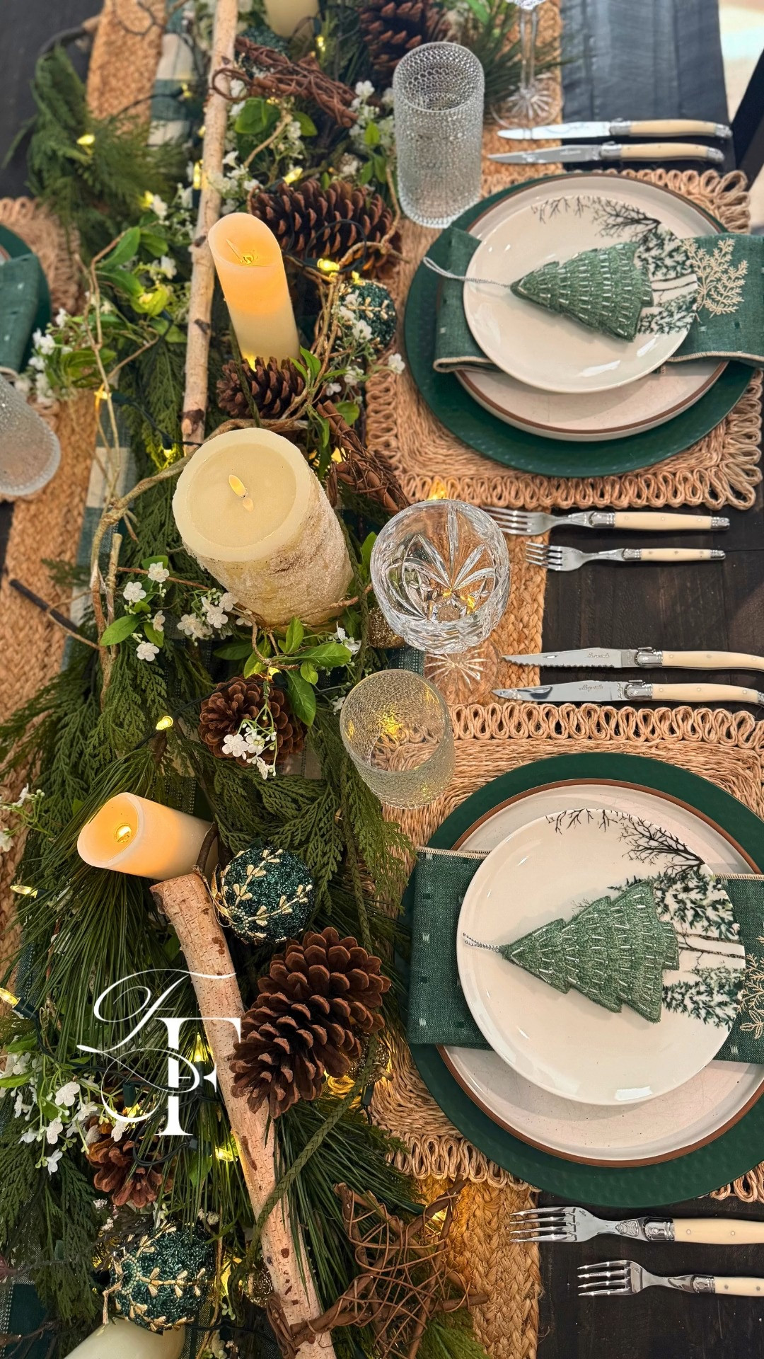 Christmas Tablescape with faux flower garland🎄
Tablescape in Christmas tree🎄  plates in green and white. Rattan placemats  and runner from Target. Wood accents. Pinecones throughout. This is a fun table garland or fireplace mantle Christmas decor idea. 

 #LTKHoliday #LTKSeasonal #LTKHome