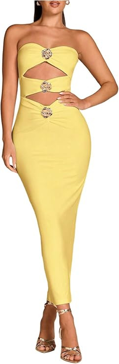 Milumia Women's Metal Flower Cut Out Strapless Tube Top Dress Sleeveless Bodycon Maxi Dresses Wed... | Amazon (US)