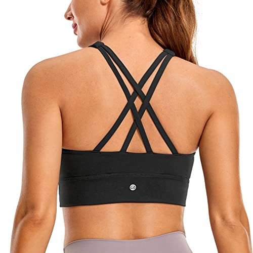 CRZ YOGA Womens Butterluxe Strappy High Neck Longline Sports Bra - Wireless Criss Cross Back Padded Workout Cropped Top Black X-Small | Amazon (US)