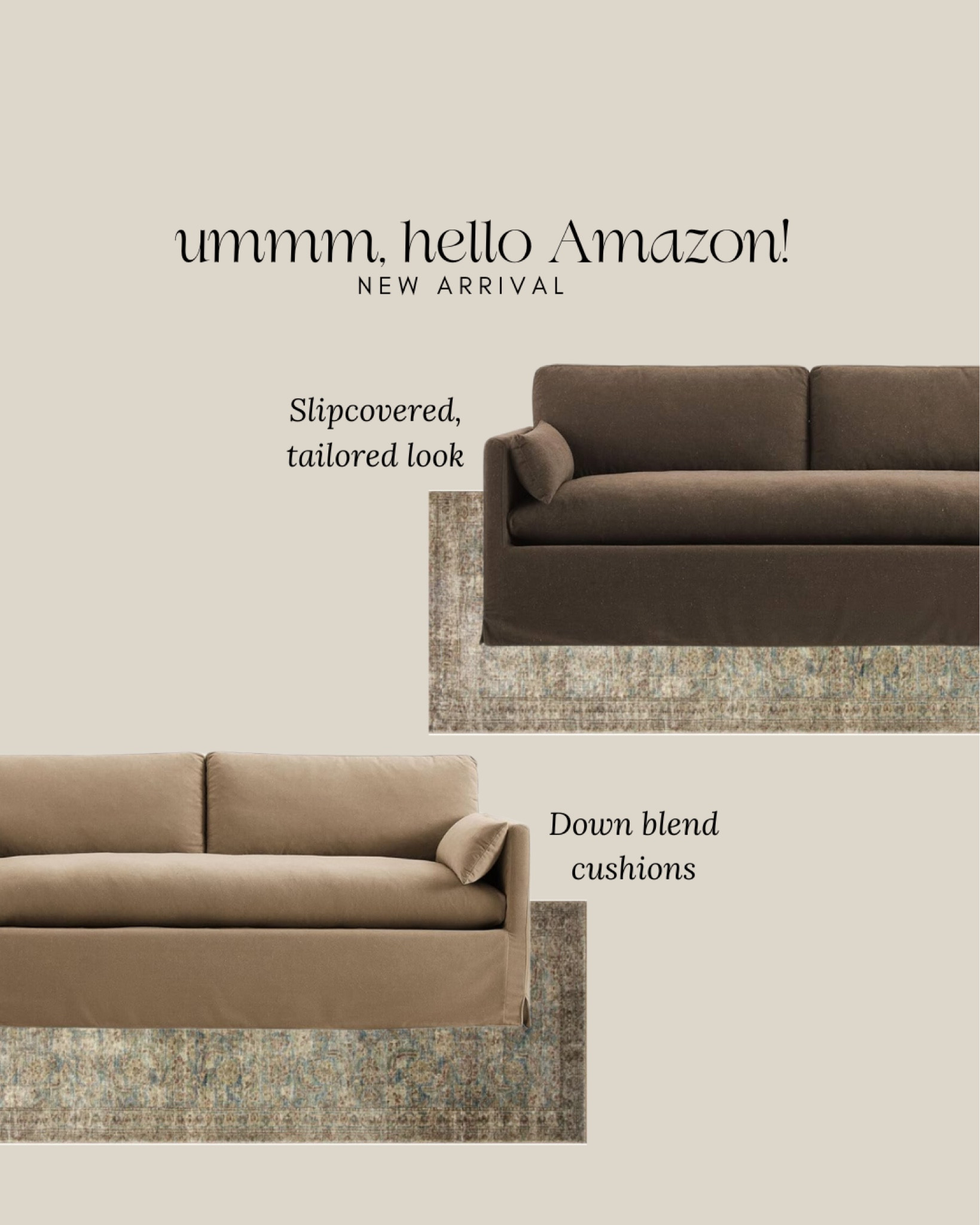 This new sofa from Amazon is incredible. It looks just like a high-end look for less. You will have to wait on shipping because it’s been so popular, down blend cushions. Also it says it’s slip covered and they are removable, a brown sofa, look for less sofa, living room, furniture from Amazon.

#LTKStyleTip #LTKSaleAlert #LTKHome