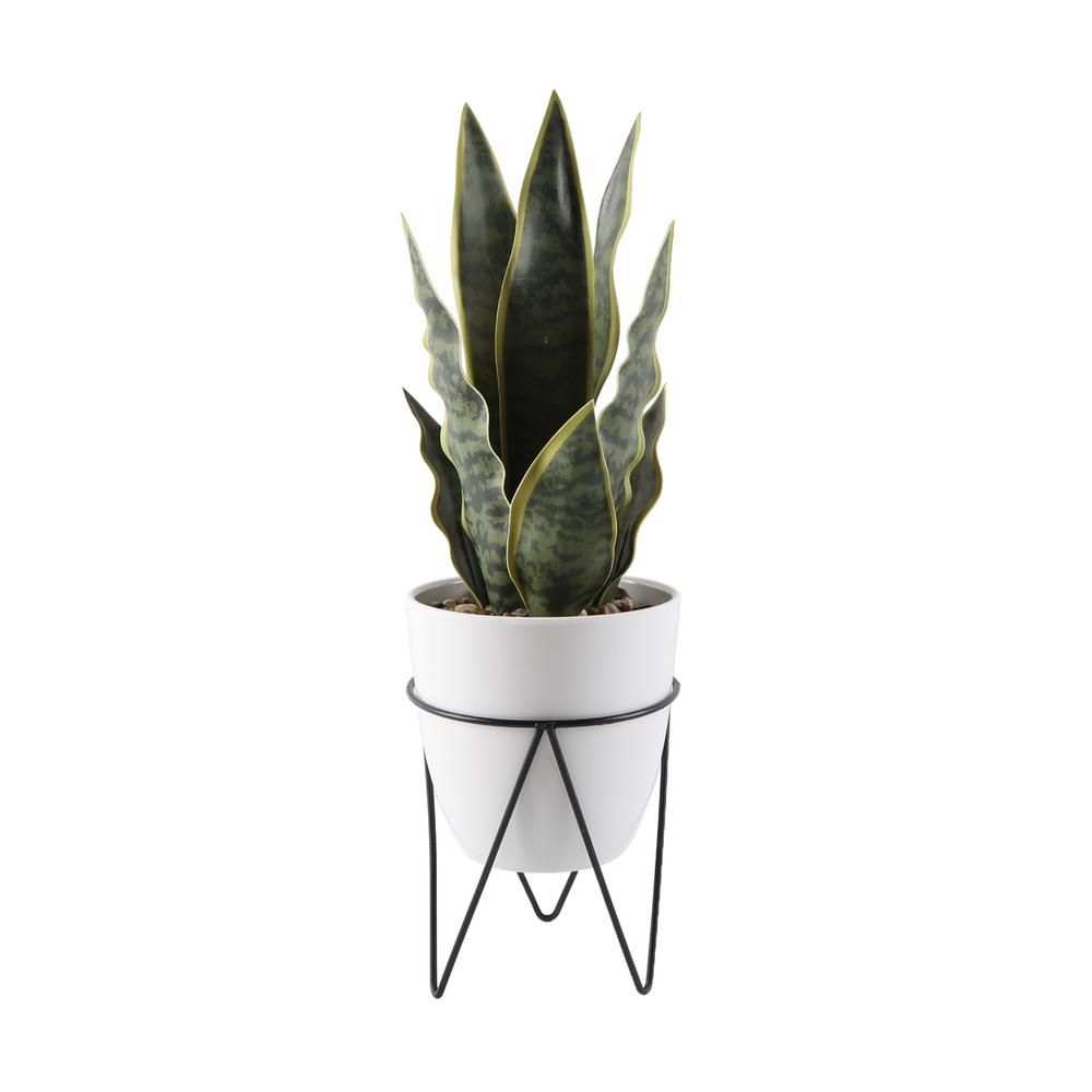 Flora Bunda 15.25 in. H Faux Snake Plant in 4.75 in. White Pot on Black Metal Stand | The Home Depot
