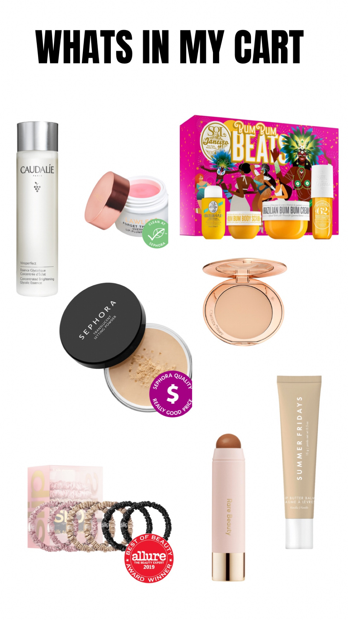 What I bought during the Sephora sale this year! 
Caudalie Essence 
Lawless Overnight plumping lip mask
Sol De Janeiro Bum Bum cream set 
Sephora Collection Translucent Powder 
Charlotte Tilbury Powder in Medium
Slip Hair ties 
Summer Fridays Lip Balm 
Rare Beauty bronzer stick in Always Sunny

#LTKbeauty #LTKCyberweek #LTKHoliday