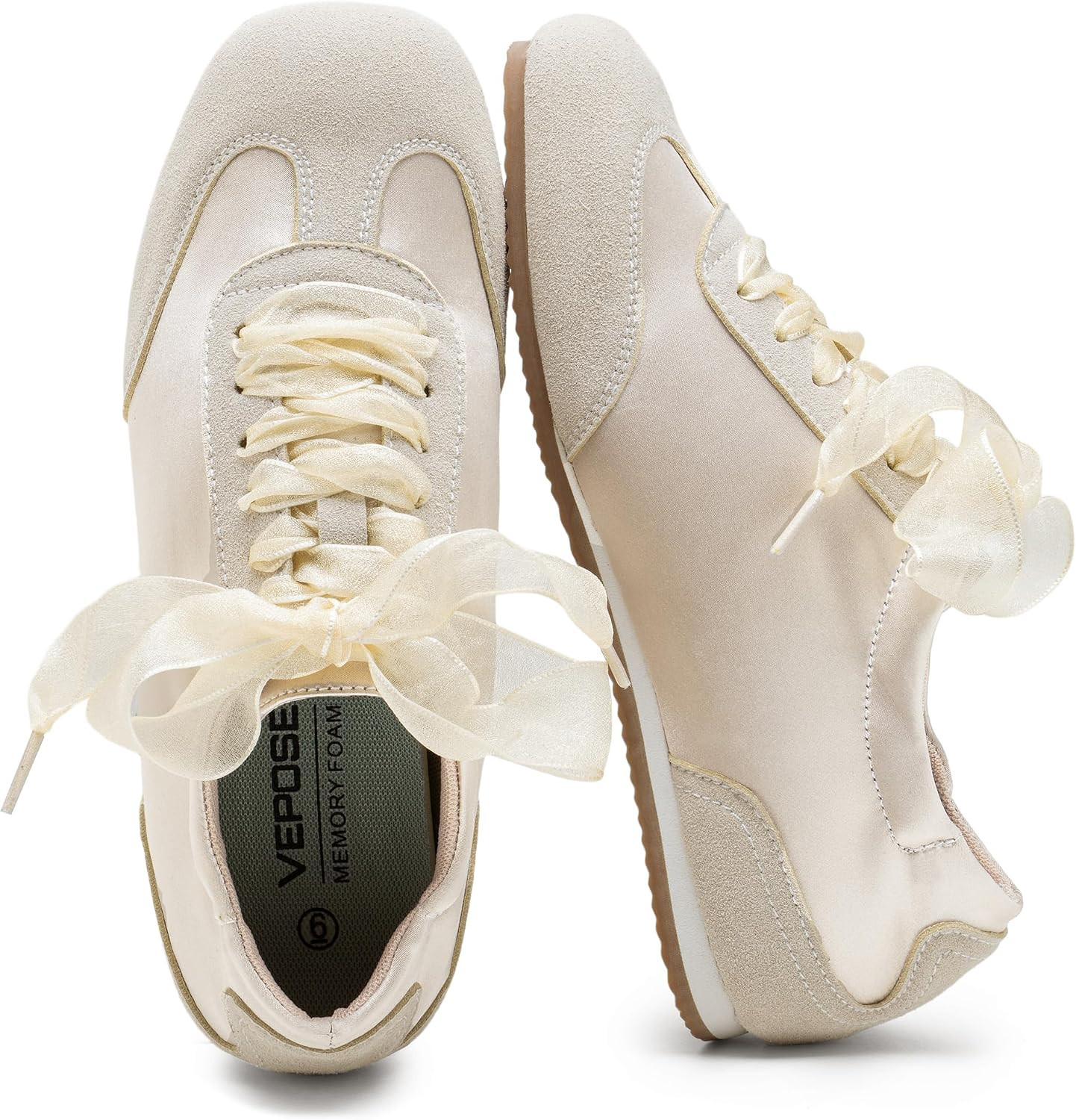 Vepose Women's Square Toe Ballet Sneakers, Dressy Satin Lace-Up Trainers | Amazon (US)