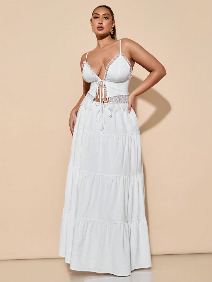 SHEIN BAE The Stagecoach Edit Plus Size Women's White Lace Patchwork Camisole Top/Tie-Up Vest, Long A-Line Skirt, 2 Pieces Set Suitable For Daily, Commuting, Outing, Dating, Afternoon Tea, Vacation, Spring And Summer, Valentine's Day, Brazilian Carnival, Beach, Vacation, Back To School Season, Spring And Summer, Elegant Tops, Vacation Suits, Beach Vacation Suits, Sexy, Spring Dress, Easter Women's Dresses, Concert Women's Dresses, Elegant Suits, Plus Size Summer Dresses,Holiday Outfits Boho | SHEIN