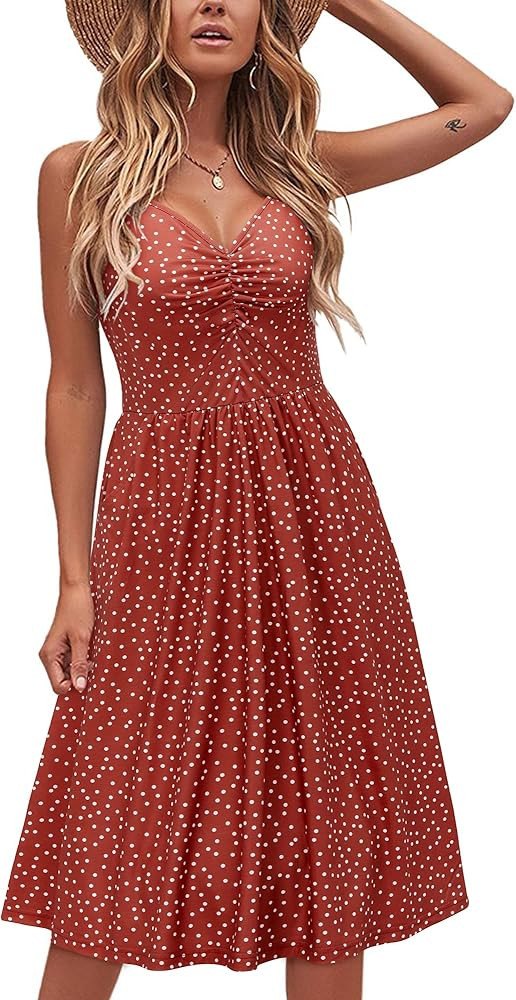 LAISHEN Women's Sundress V Neck Floral Spaghetti Strap Summer Casual Swing Dress with Pocket | Amazon (US)