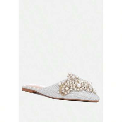 ASTRE Pearl Embellished Shimmer Mules In Silver | SHEIN