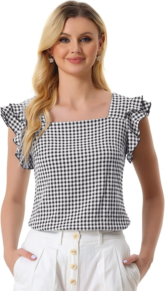 Allegra K Summer Gingham Tops for Women's Square Neck Ruffle Cap Sleeve Blouses | Amazon (US)