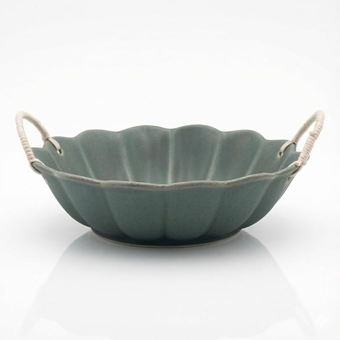 9.5 Inch Scalloped Shell-Shaped Ceramic Bowl with Rope Handles,Green Retro Rural Style Glazed Ser... | Amazon (US)