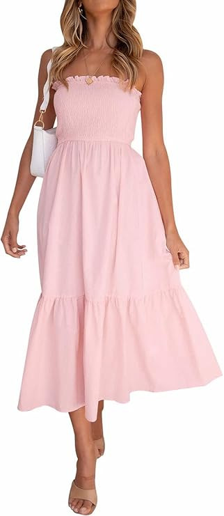 ZESICA Women's Summer Casual Strapless Plaid Print Off Shoulder Backless Ruffle Beach Long Midi D... | Amazon (US)