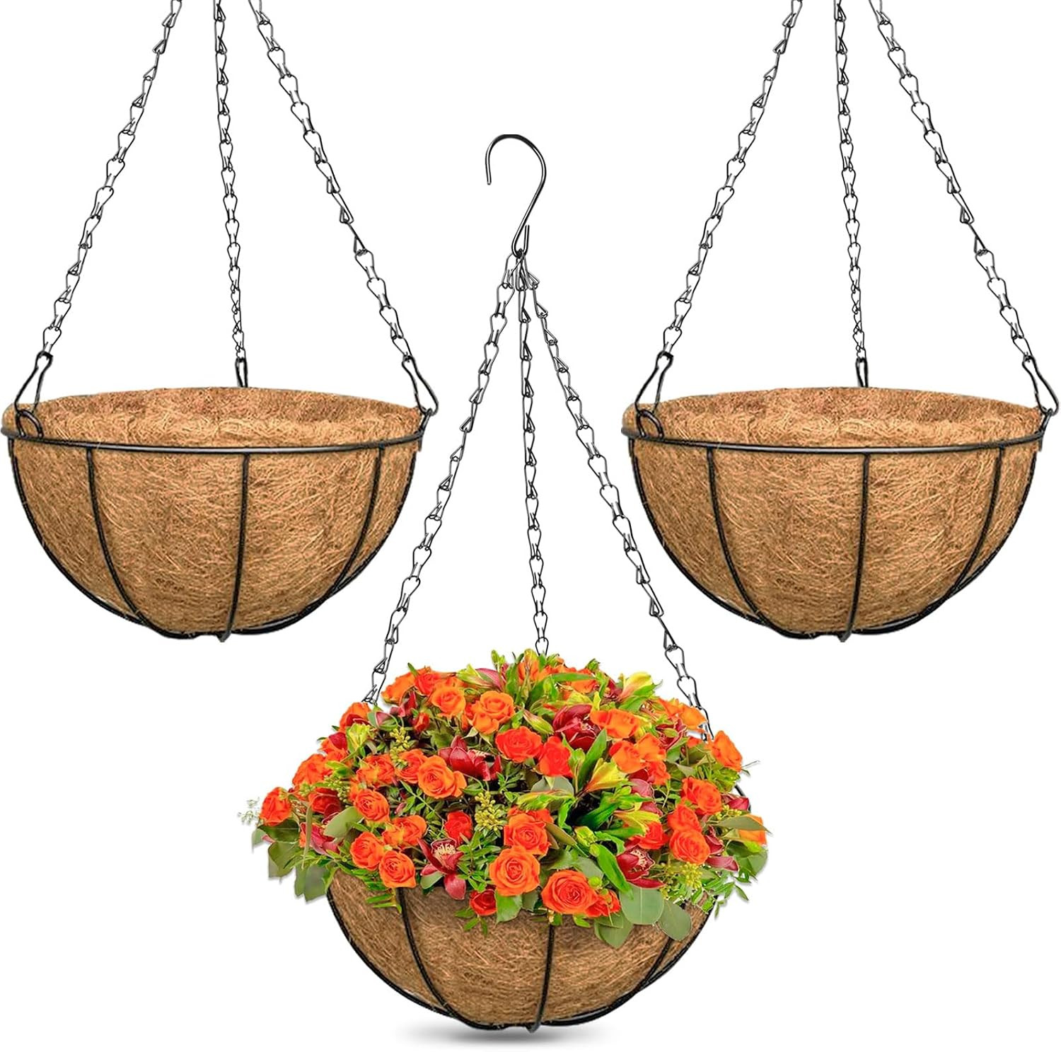3 Pack 12 Inch Outdoor Hanging Baskets, Metal Wire Hanging Planters with Coconut Liners, Round Hanging Baskets for Plants Flowers Ferns Home Garden Porch Balcony Railings Decor | Amazon (US)