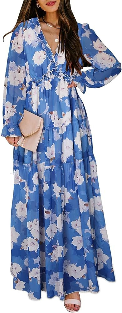 BLENCOT Womens Casual Floral Deep V Neck Long Sleeve Long Evening Dress Cocktail Party Maxi Weddi... | Amazon (US)