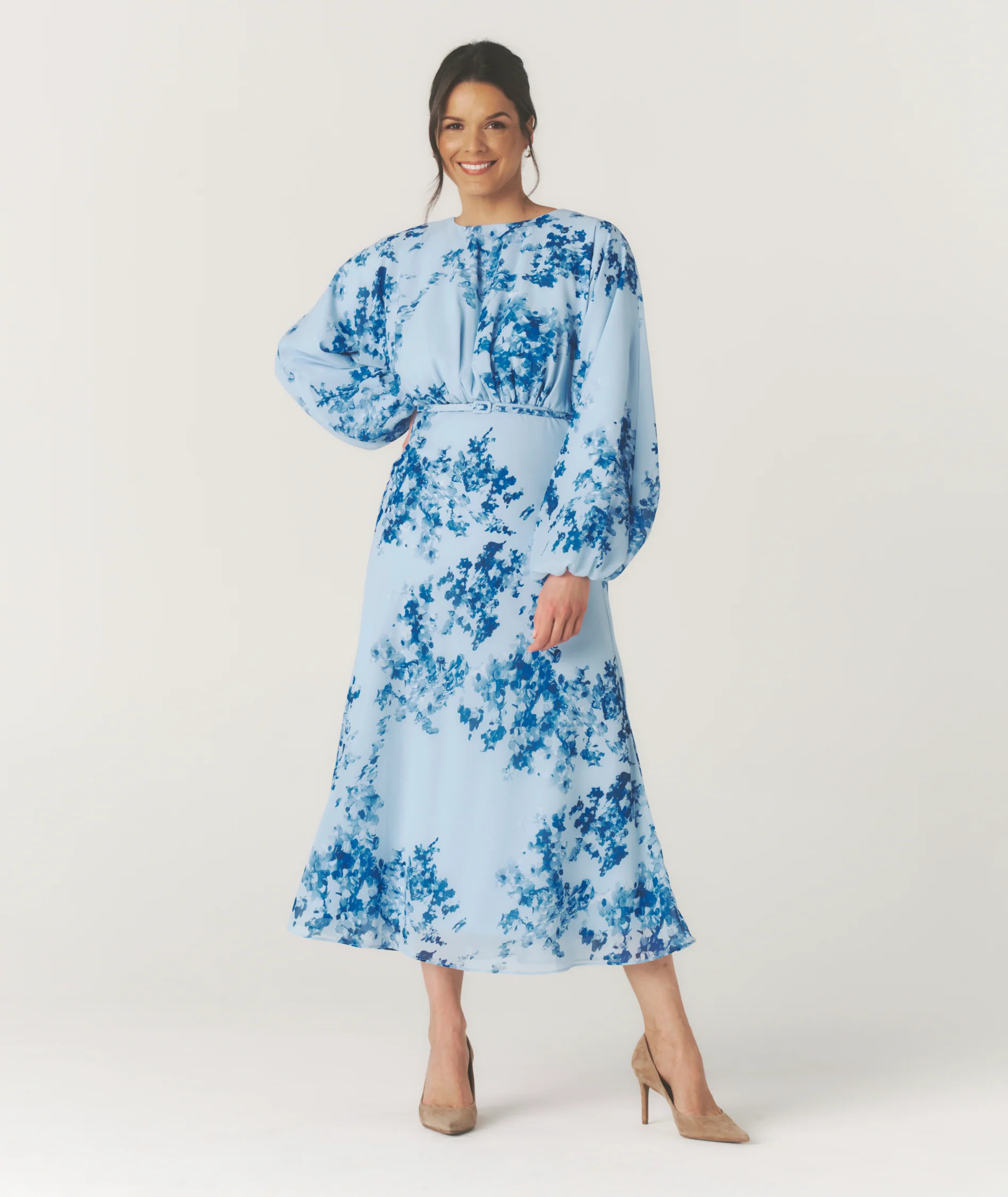 Floral Balloon Sleeve Maxi Dress - Pale Blue | Six Stories