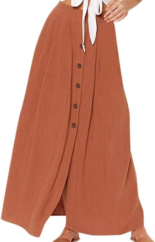 Button Long Skirt Women Summer Casual Fork Opening Hollow Out Maxi Skirts | Amazon (US)