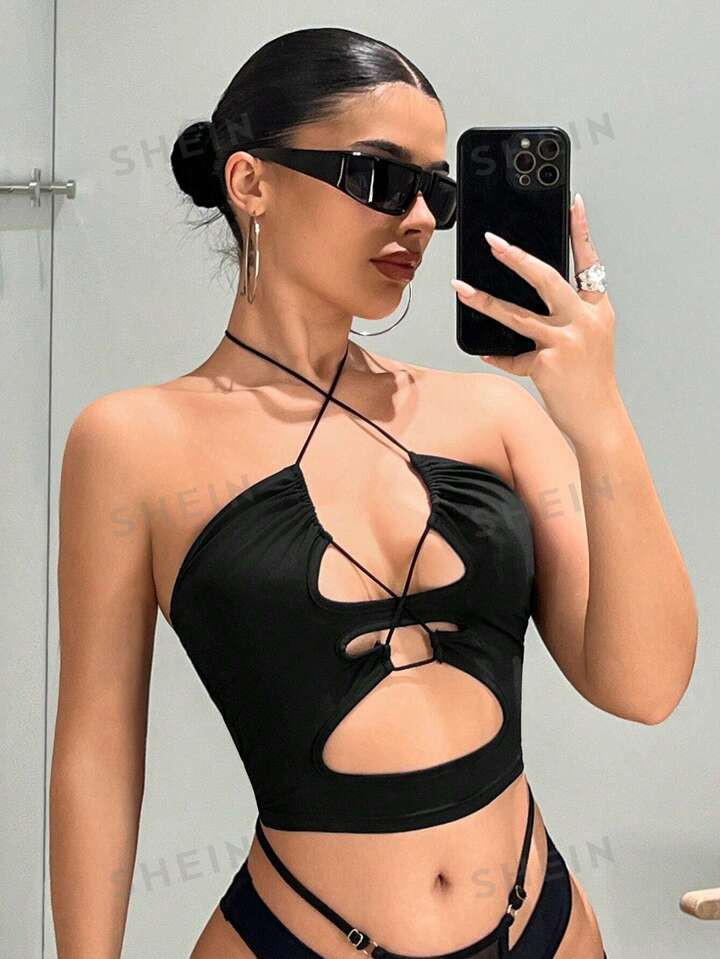 SHEIN ICON Summer Spring Outfits Women Summer Cross Halter Neck Hollow Out Tie Short Black Crop T... | SHEIN