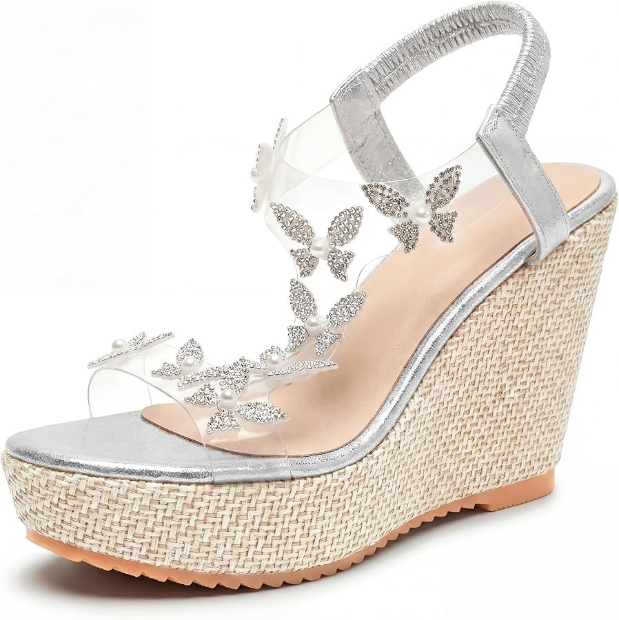 Allegra K Women's Plaid Rhinestone Butterfly Transparent Band Platform Sandals | Amazon (US)