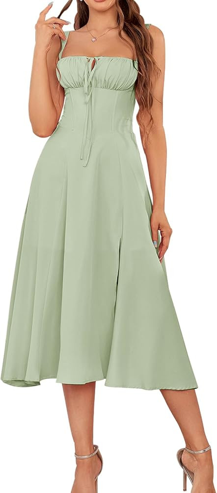 Women Summer Corset Midi Dress 2026 Floral Wedding Guest Flowy Slit Lace Up Dresses Tea Party A L... | Amazon (US)