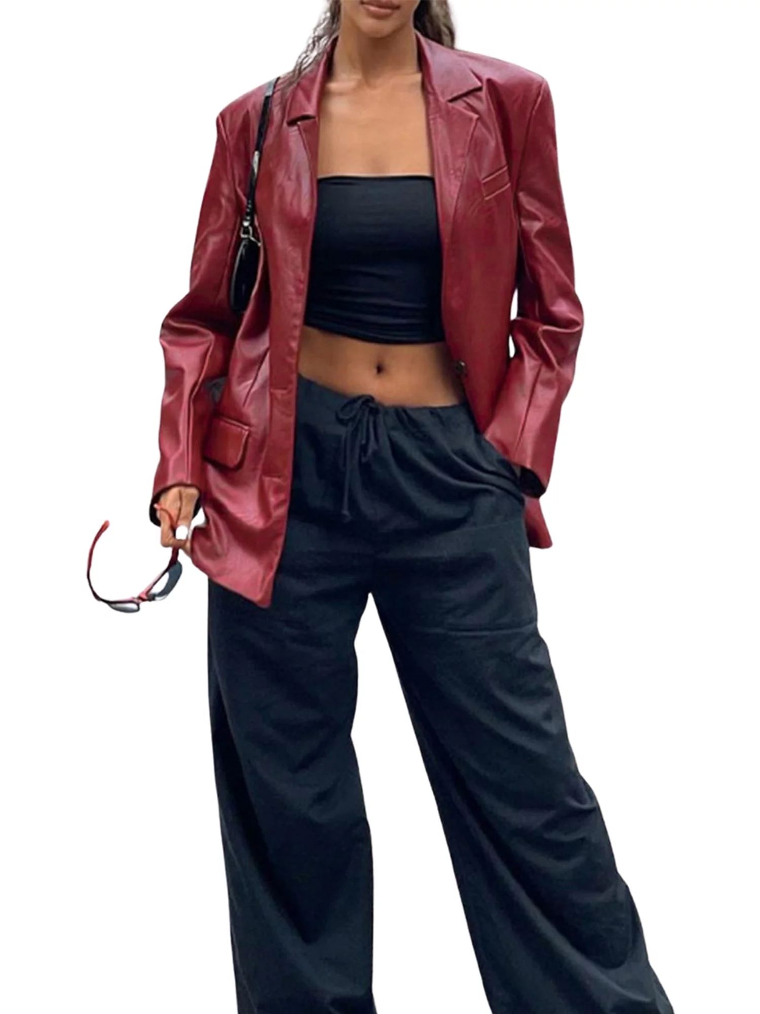 QILINXUAN Women's Faux Leather Jacket Long Sleeve Lapel Collar Button Coat Moto Biker Jacket Stre... | Walmart (US)