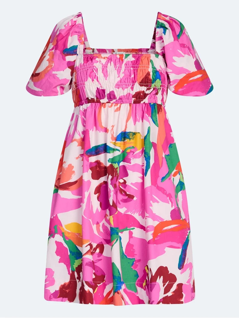 Free Assembly Women's and Women's Plus Smocked Cotton Peasant Mini Dress with Puff Sleeves, Sizes... | Walmart (US)