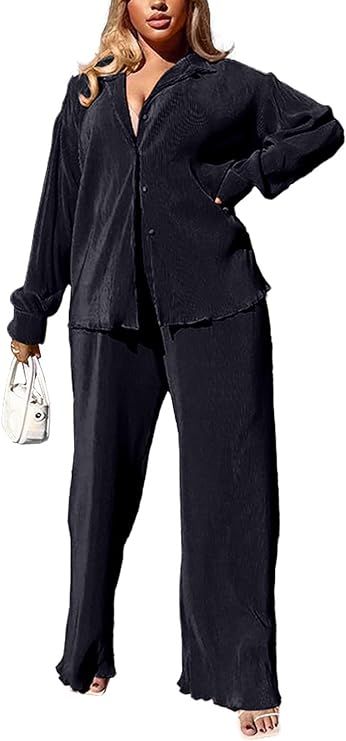 Sriswel Womens Pleated 2 Piece Outfits Long Sleeve Button Down Shirt Wide Leg Pants Pajama Sets J... | Amazon (US)