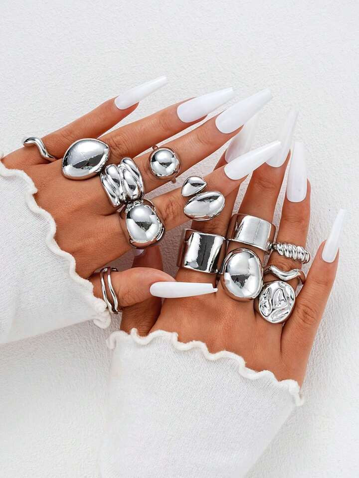 17KM 13pcs/14pcs Simple Wide Face Geometric Chunky Jewelry Ring Set, Gift For Women Vacation, Dating, Daily Casual Wear | SHEIN