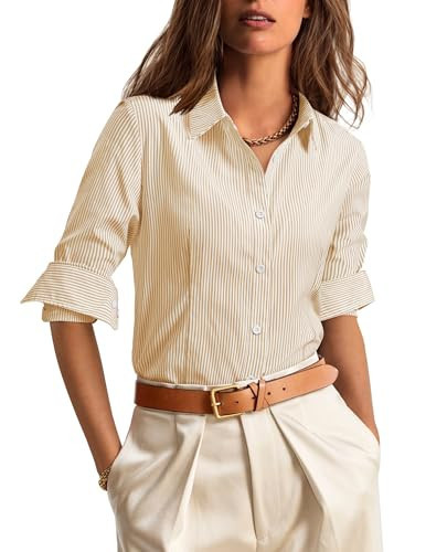 siliteelon Striped Button Down Shirts for Women Dress Shirts Long Sleeve Collared Casual Office Work Blouses Tops Light Khaki | Amazon (US)