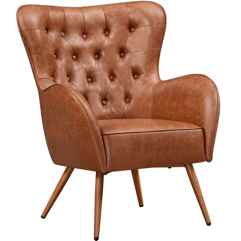 Easyfashion Vintage Faux Leather Accent Chair with Diamond Button for Living Room, Brown - Walmar... | Walmart (US)