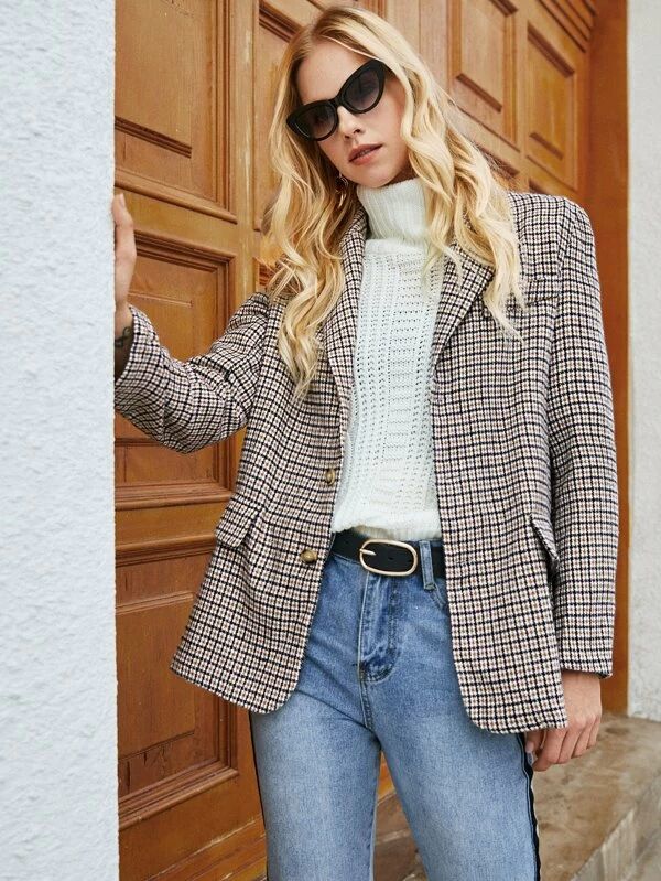 Notch Collar Single Breasted Houndstooth Tweed Blazer | SHEIN