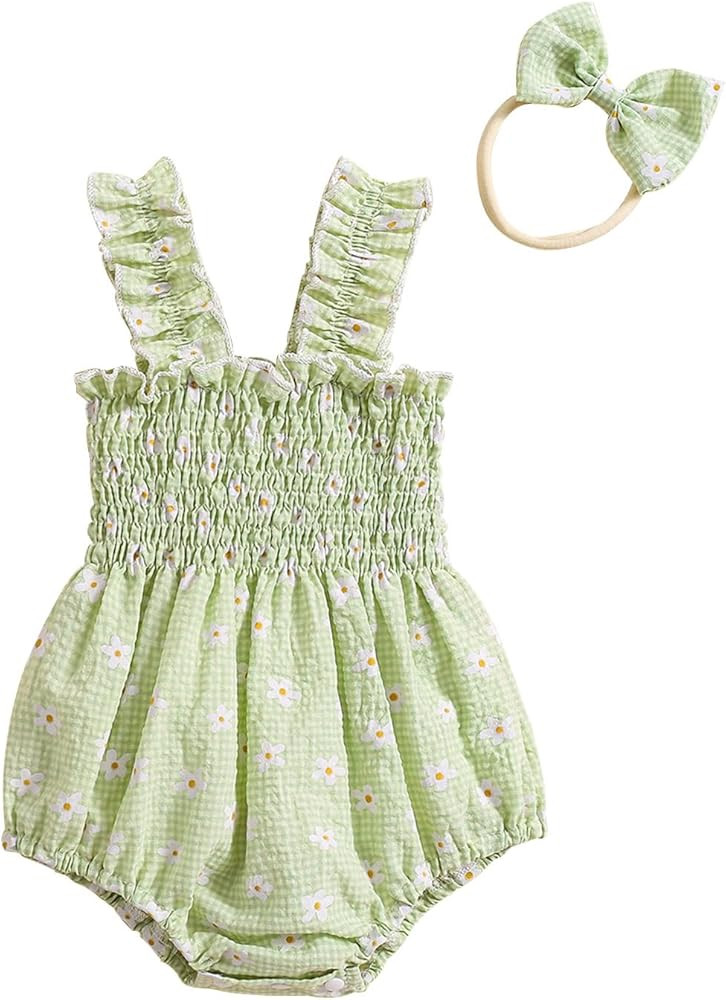 Kuriozud Newborn Baby Girl Smocked Bubble Romper Floral Halter Jumpsuit Headband Outfit Infant Cl... | Amazon (US)