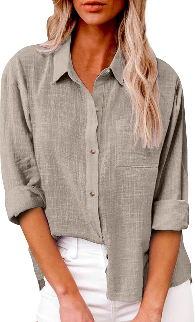 Button Down Shirts for Women Long Sleeve Lapel Gauze Tops Cotton Linen Shirt Collared Loose Casua... | Amazon (US)