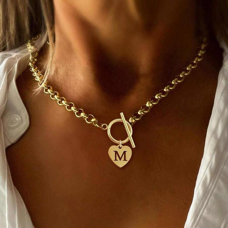 1pc New Fashion Round Letter Pendant Clasp Stainless Steel Chain Women's Necklace | SHEIN