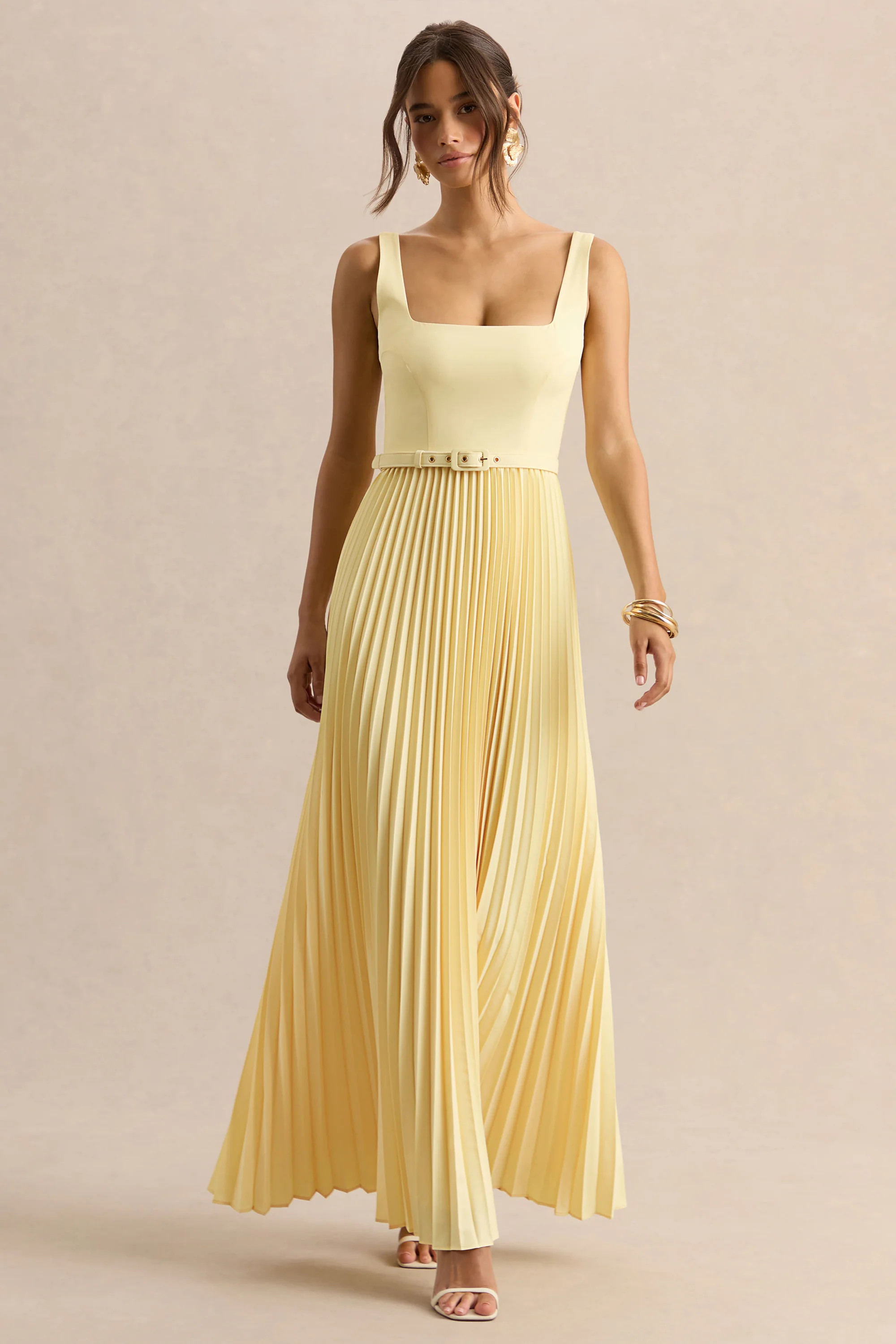 Danika | Lemon Square-Neck Belted Maxi Dress With Pleated Skirt | Club L London