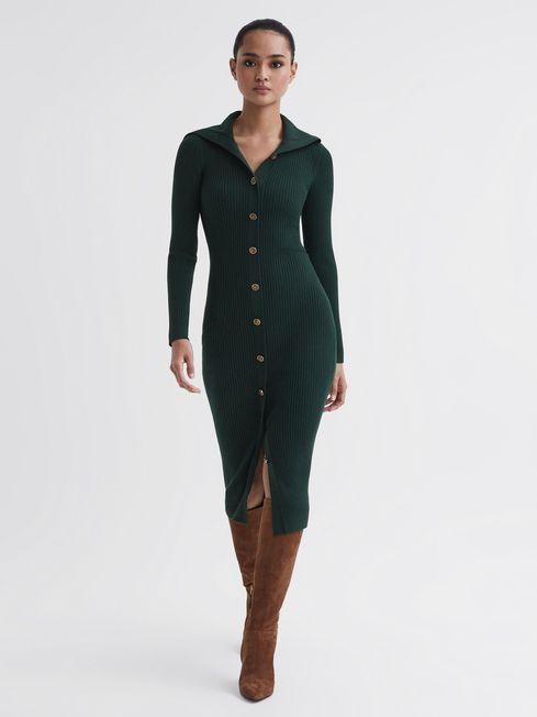 Reiss Green Maria Petite Button Through Bodycon Midi Dress | Reiss UK