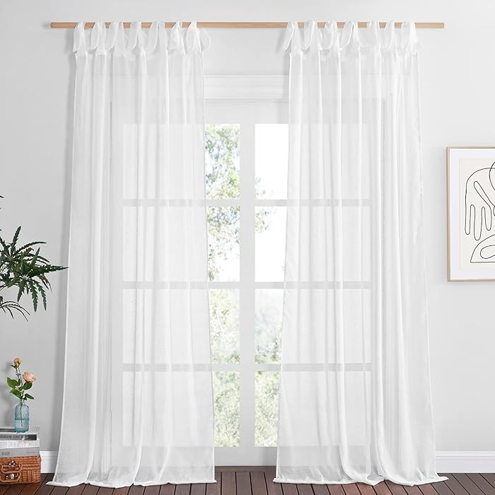 NICETOWN White Linen Sheer Curtains 84 inch Long 2 Panels, Adjustable Tie Top DIY Crafted Flax Se... | Amazon (US)