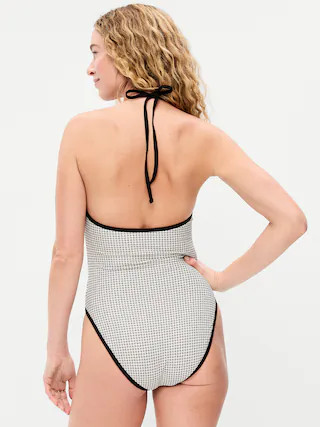 Pique V-Neck Halter Swimsuit | Old Navy (US)