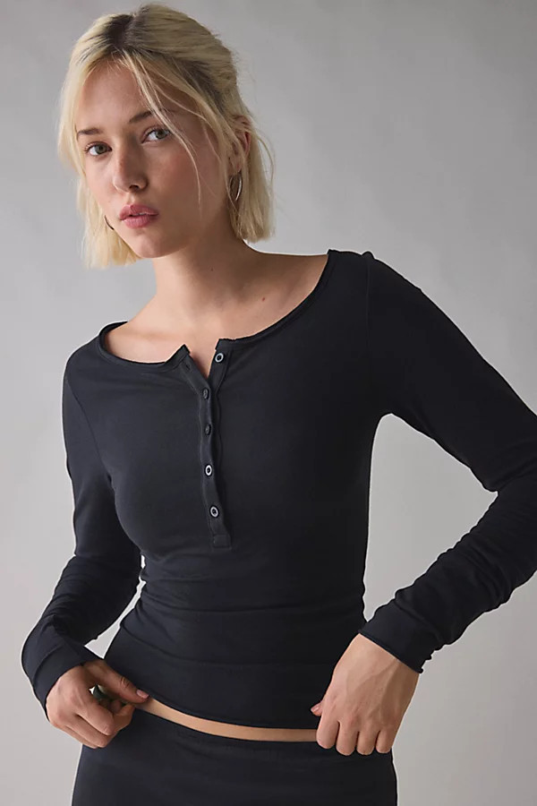 Out From Under Betty Boatneck Long Sleeve Henley Top in Black, Women's at Urban Outfitters | Urban Outfitters (US and RoW)