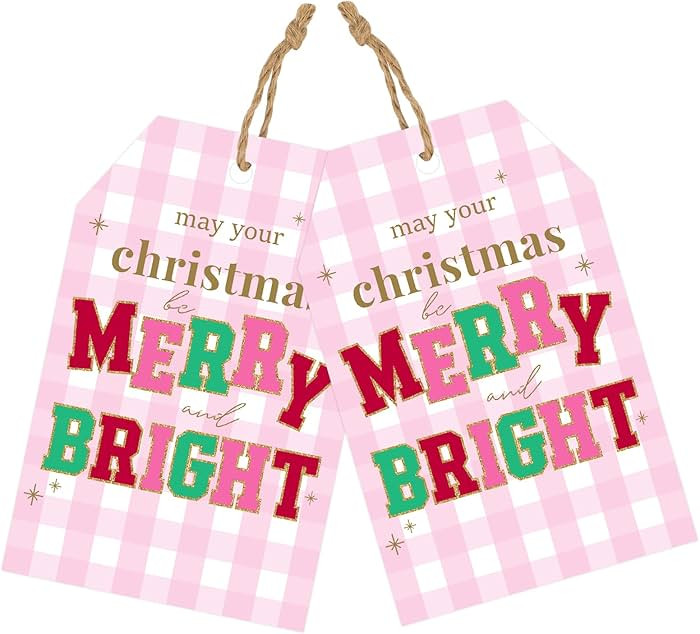 joycraft 50Pcs Christmas Gift Tags, 3.3x2.1 inch Merry Christmas Tags, Pink Plaid Xmas Paper Tags... | Amazon (US)