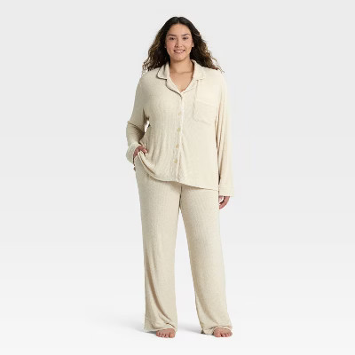 Women's Cozy Ribbed Notch Collar Long Sleeve Shirt and Pants Pajama Set - Auden™ Oatmeal 3X | Target