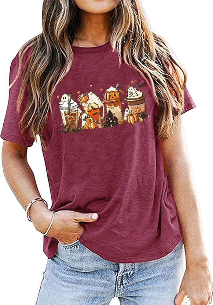 Halloween Pumpkin Coffee Shirt Women Cute Fall Latte Drink T-Shirt Tops Funny Halloween Graphic T... | Amazon (US)