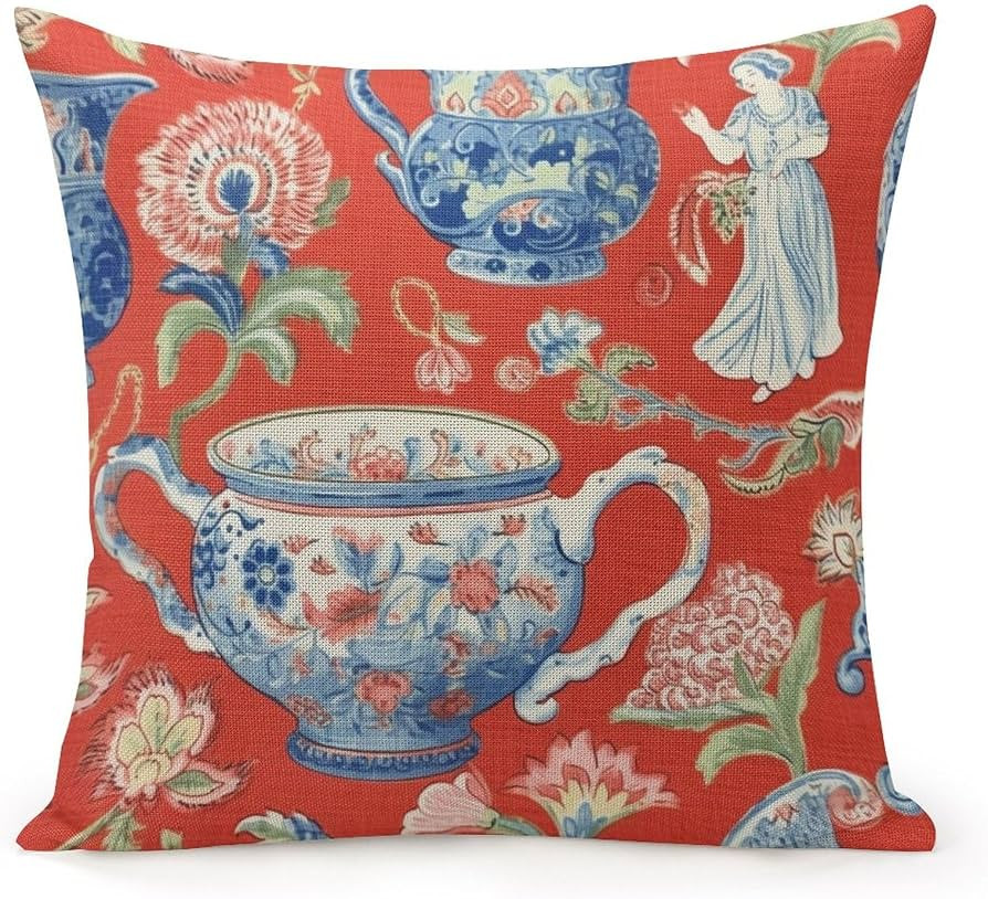 Orange Red Chinoiserie Floral Blue and White Porcelain Vase Farmhouse Linen Cushion Cover with Zi... | Amazon (US)