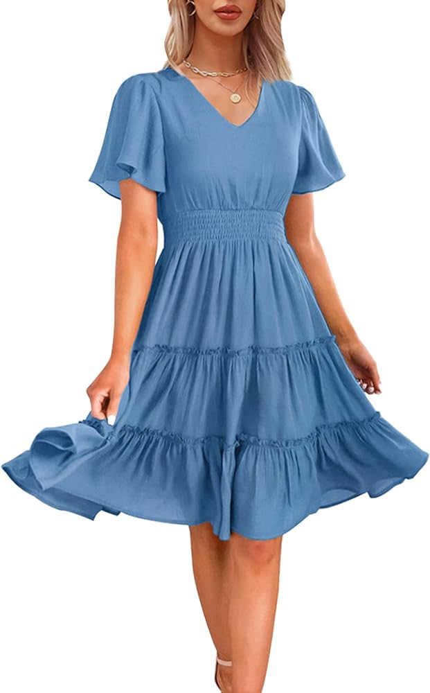 Zattcas Women 2023 Spring Summer Dress Short Flutter Sleeve V Neck Smocked Waist Casual Flowy A L... | Amazon (US)