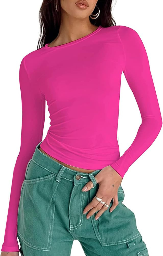 Hafailia Fitted Basic Long Sleeve Shirt Women - Casual Y2K Long Sleeve Tops Crewneck Slim Fit Tsh... | Amazon (US)