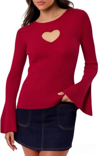 Chvity Women's Heart Cut-Out Knit Sweater – Long Sleeve Ribbed Valentine's Day Knit Pullover Tops | Amazon (US)