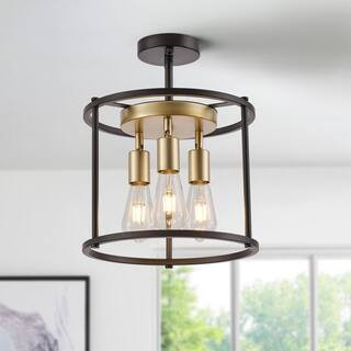 TinHon 13 in. 3-Light Modern Black and Gold Semi Flush Mount Ceiling Light Industrial Drum Fixtur... | The Home Depot