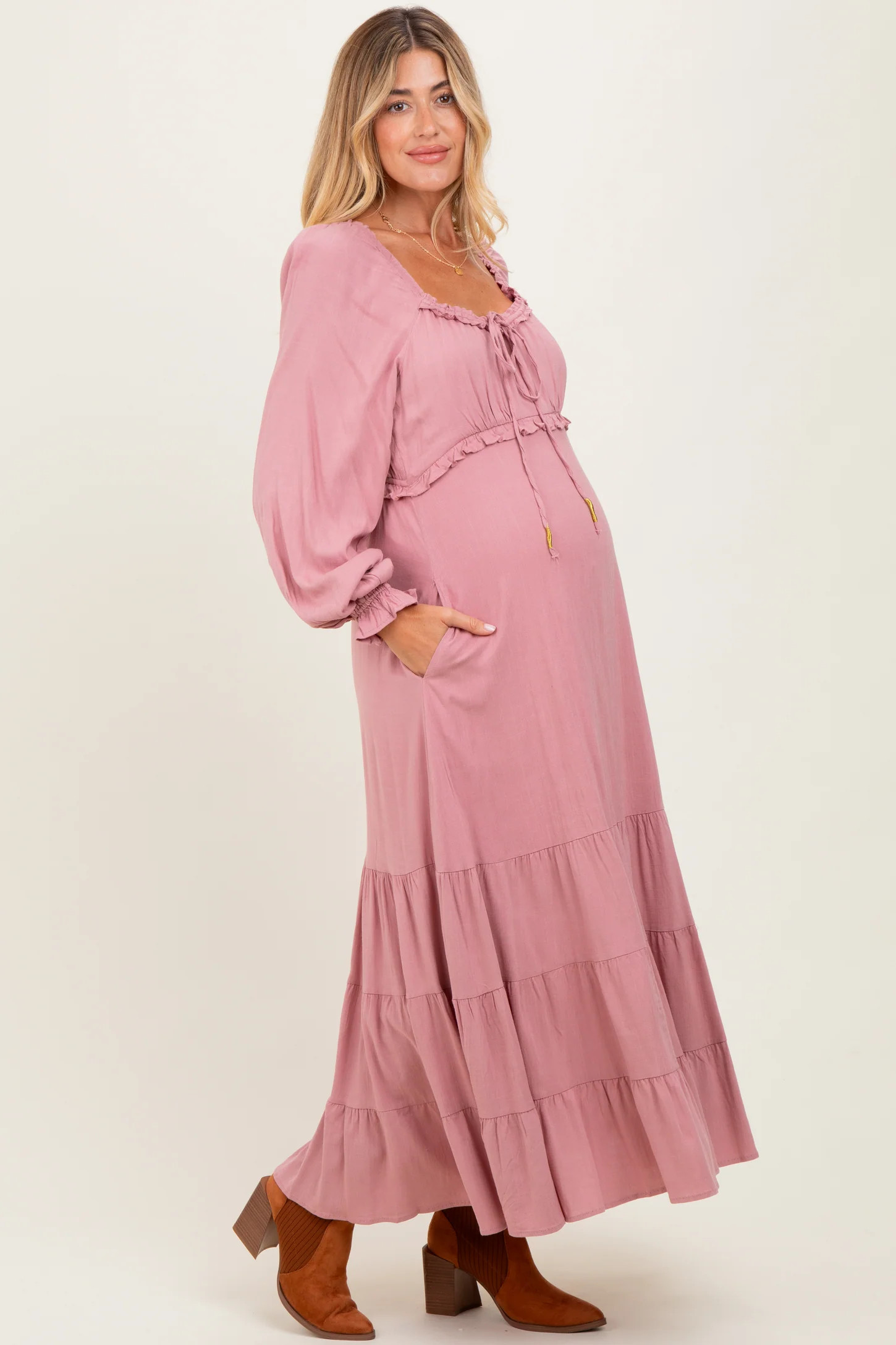 Mauve Ruffled Fit And Flare Maternity Maxi Dress | PinkBlush Maternity
