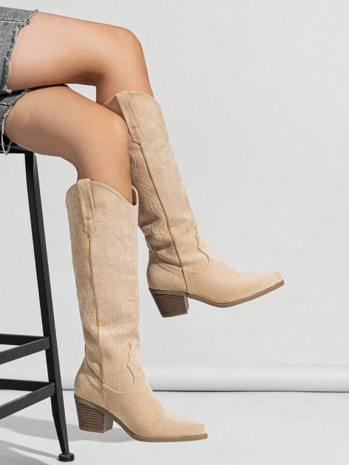 Mid Heel Western Embroidered Pointed Toe Slip On Women's Fashion Boots | SHEIN