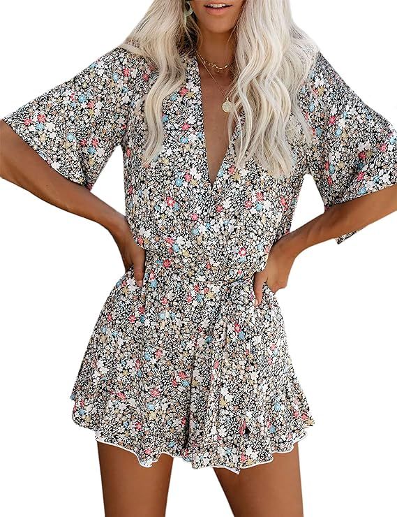 AIMCOO Women's Summer Deep V-Neck Floral Print Romper Ruffles Short Flared Half Sleeve Belted Wra... | Amazon (US)