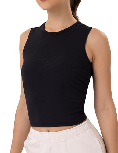 YUNOGA Workout Tank Tops for Women Sleeveless Ribbed Crop Tops Essentials Crew Neck Yoga Tanks Shirts (S, Black) | Amazon (US)