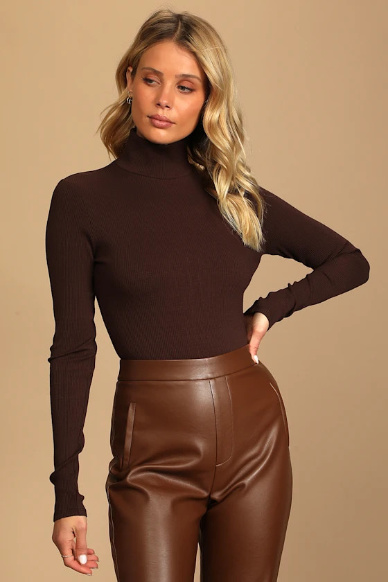 Wilde Dark Brown Ribbed Long Sleeve Mock Neck Bodysuit | Lulus (US)